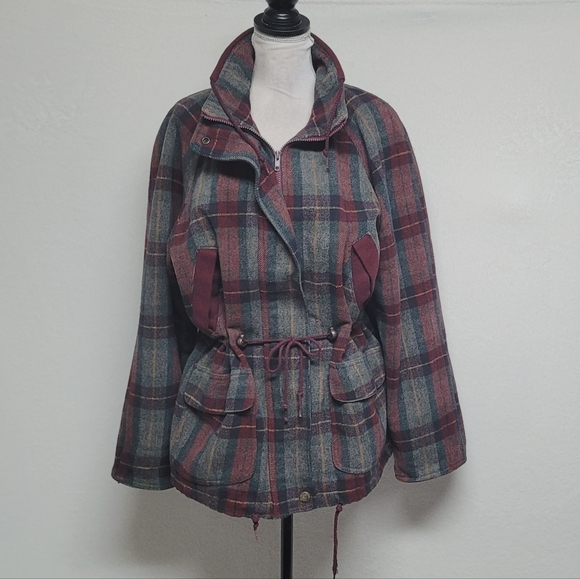 Out Brook Vintage 90s Marron Gray Plaid Wool Blend Tie-Waist Anorak Jacket S - Picture 2 of 15